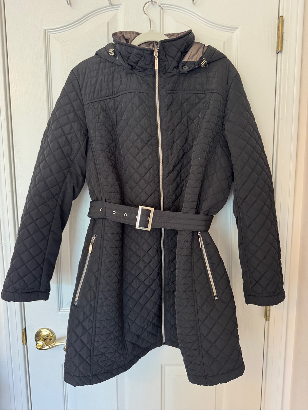 Gallery Woman Black Quilted Belted Coat Hooded Zip Jacket 1X